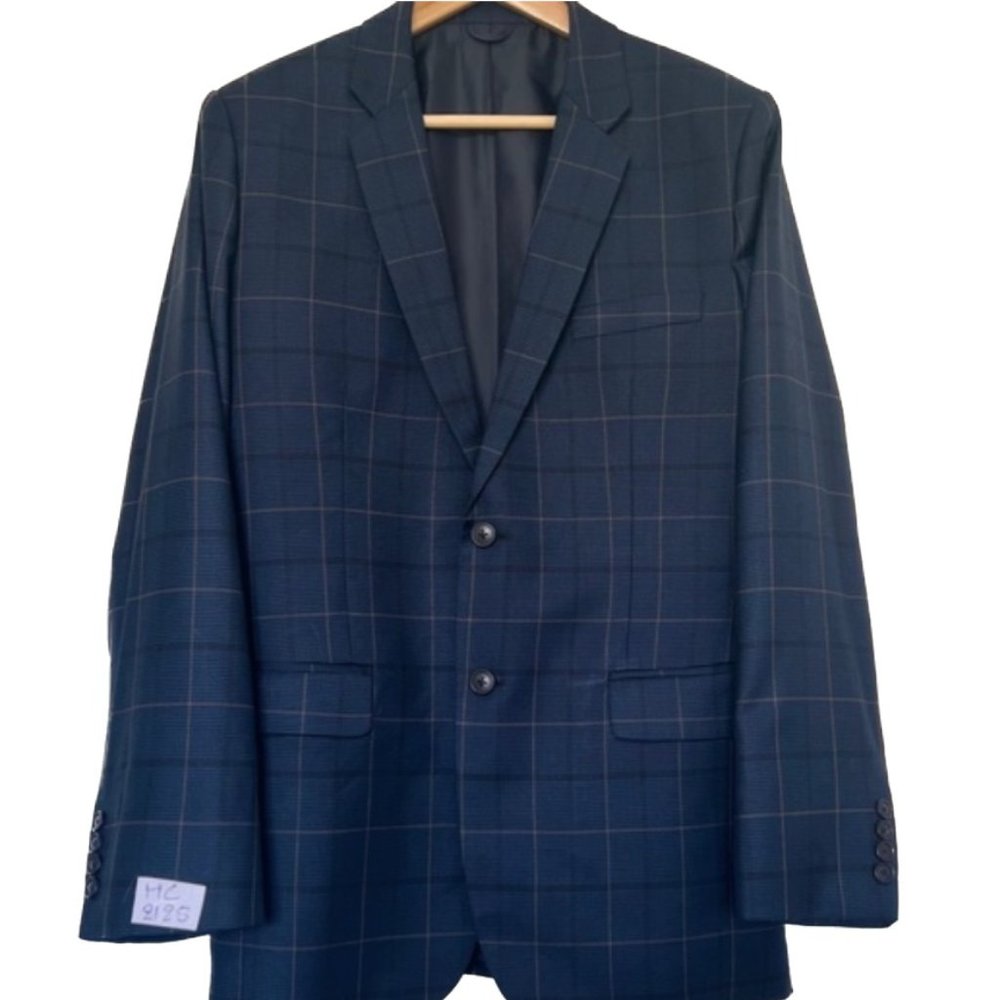 Men's Custom Tailored Slim Fit Suit | Navy Blue Plaid | Size - 40R 32x28
